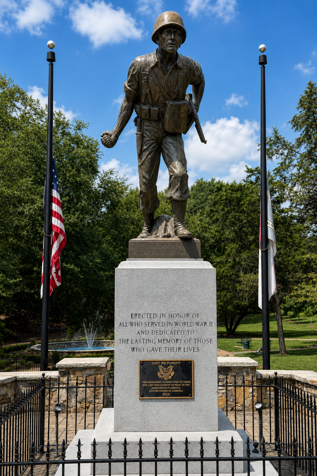 The Spirit of the Fighting Yank WWII memorial statue at Stowe Park in downtown Belmont, North Carolina