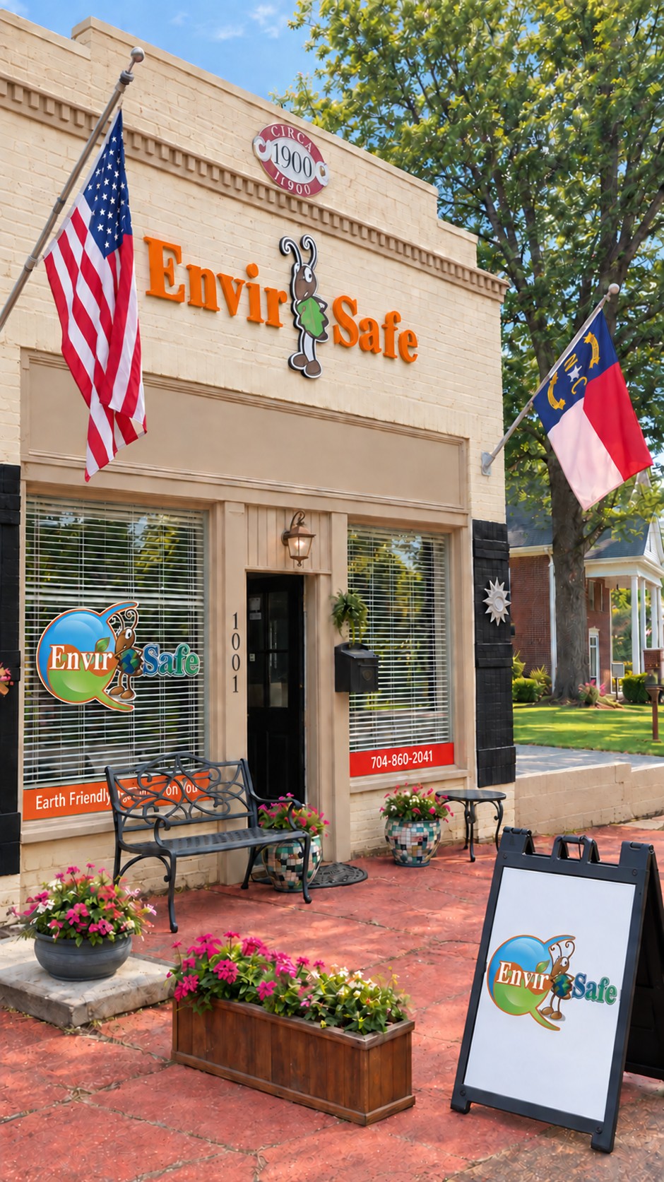 The Envirosafe Pest Control office, a 1900 storefront at 1001 E Catawba Street in downtown Belmont, North Carolina
