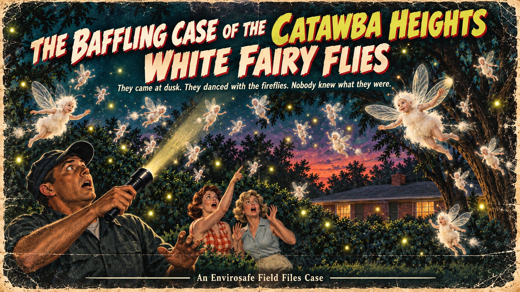 Vintage 1960s style poster for Field Files Case 194, The Baffling Case of the Catawba Heights White Fairy Flies