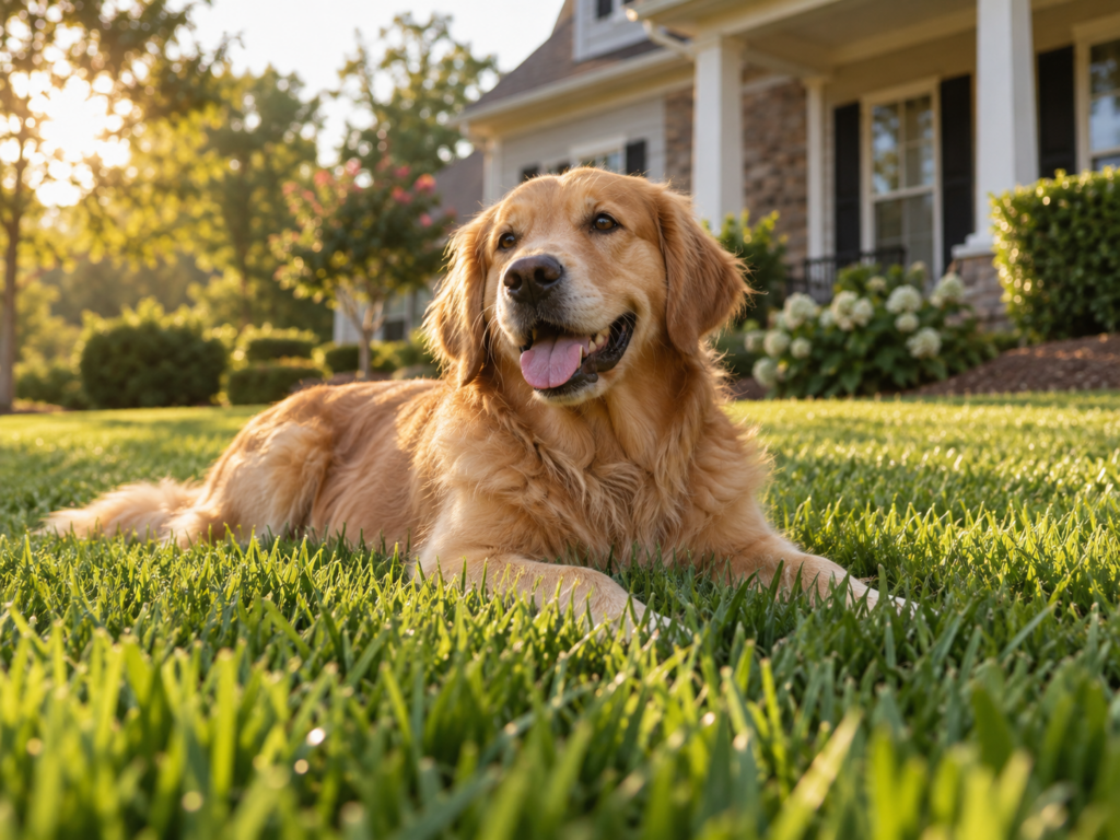 Golden retriever relaxing on a healthy front lawn