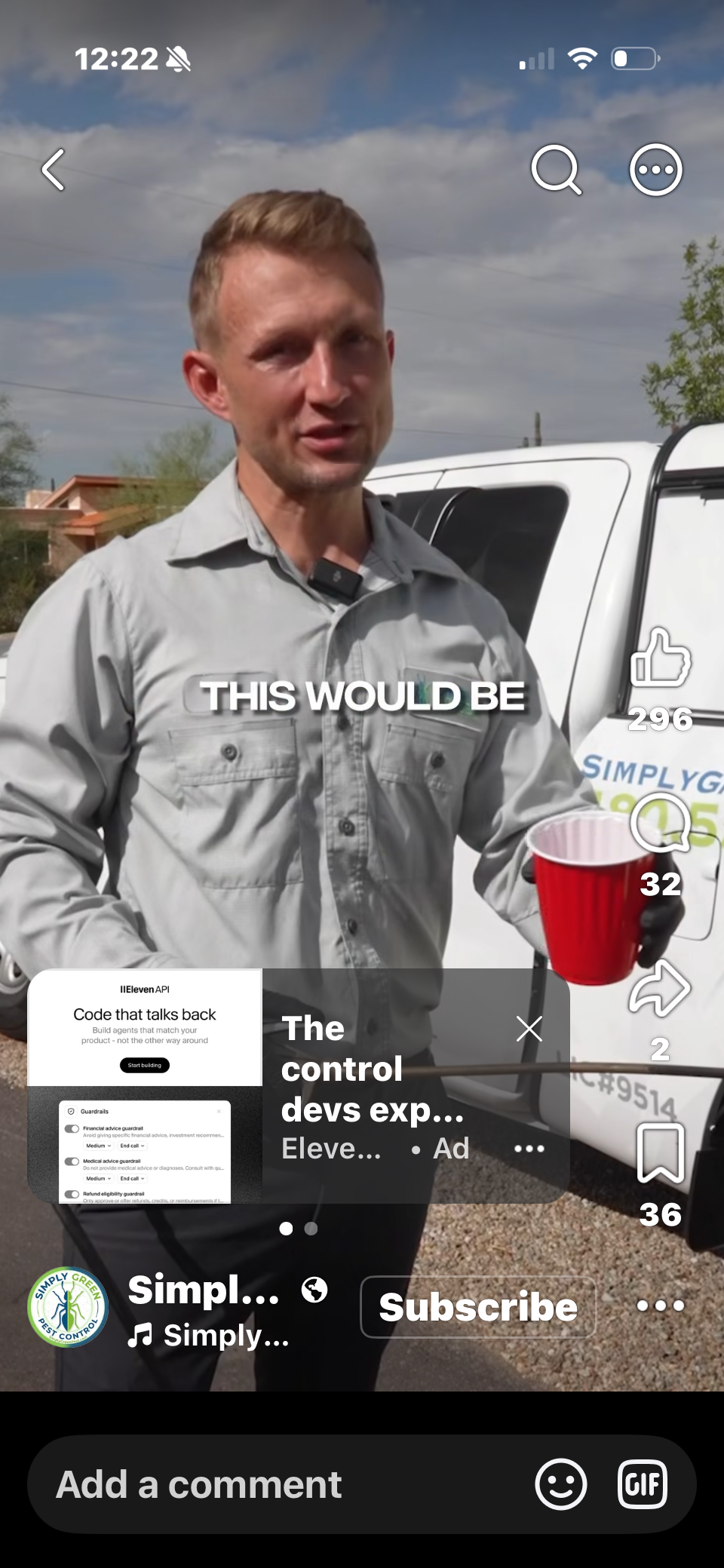 Screenshot of a pest control video showing a technician holding a red party cup next to a spray rig