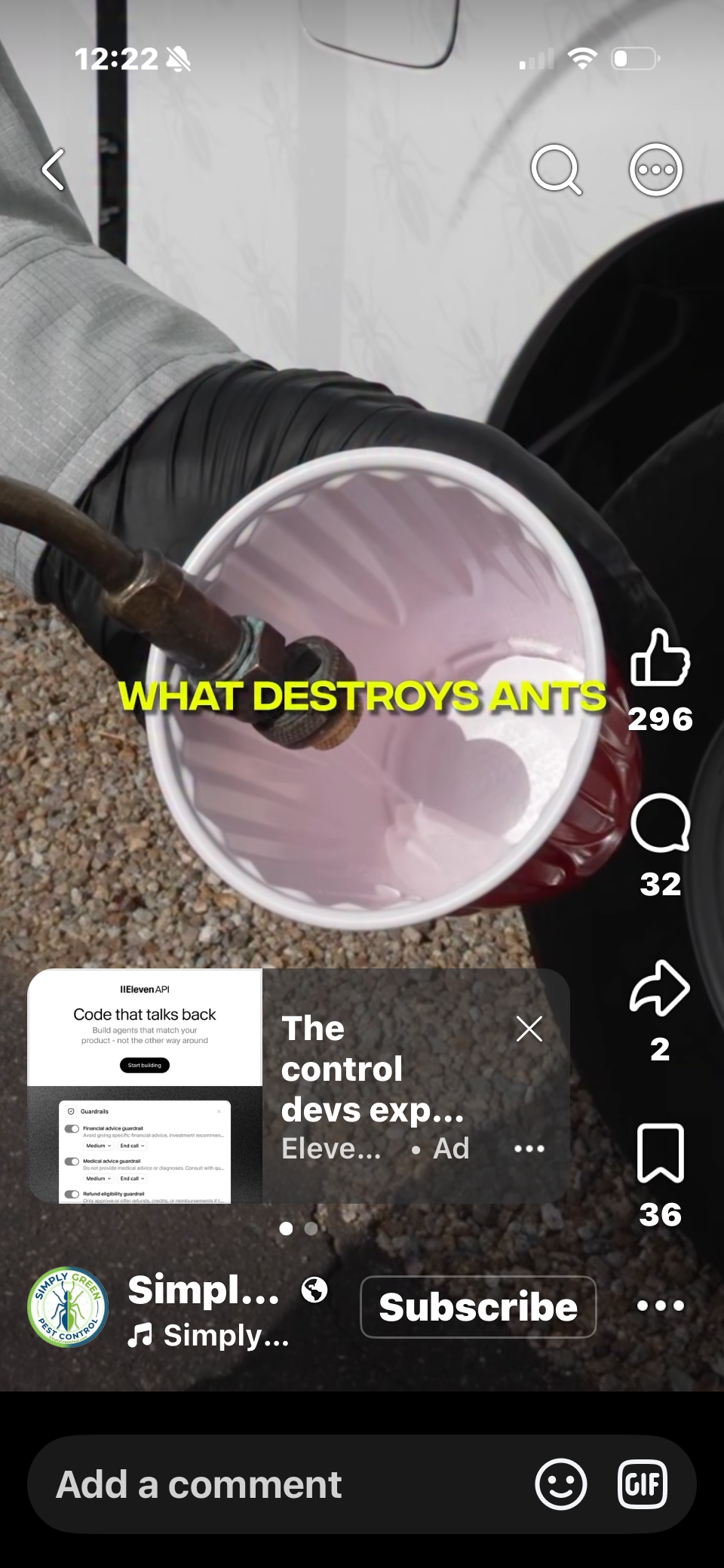 Screenshot of a pest control video showing a spray hose pouring into a red party cup with the words what destroys ants