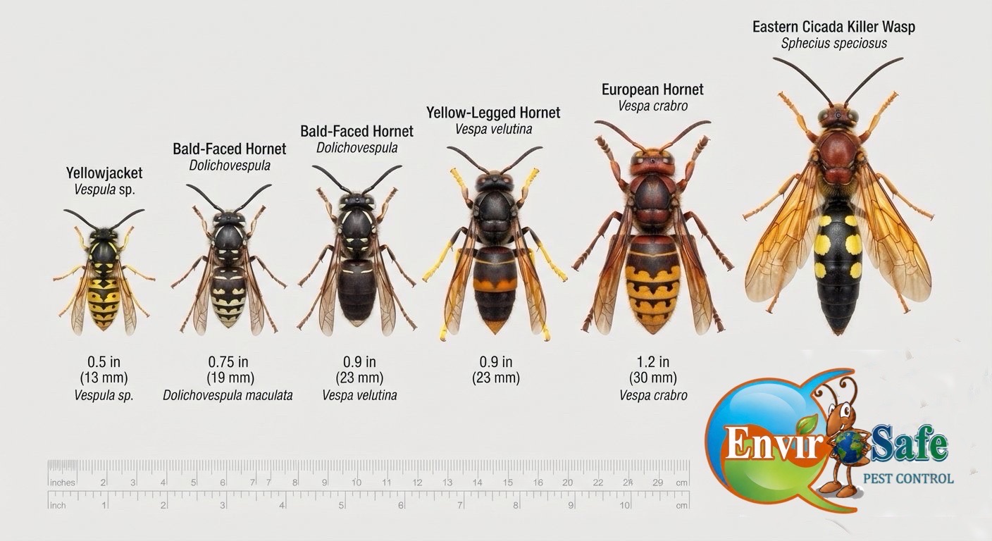 Size comparison chart of a yellowjacket, bald-faced hornet, yellow-legged hornet, European hornet and eastern cicada killer wasp drawn to scale with a ruler